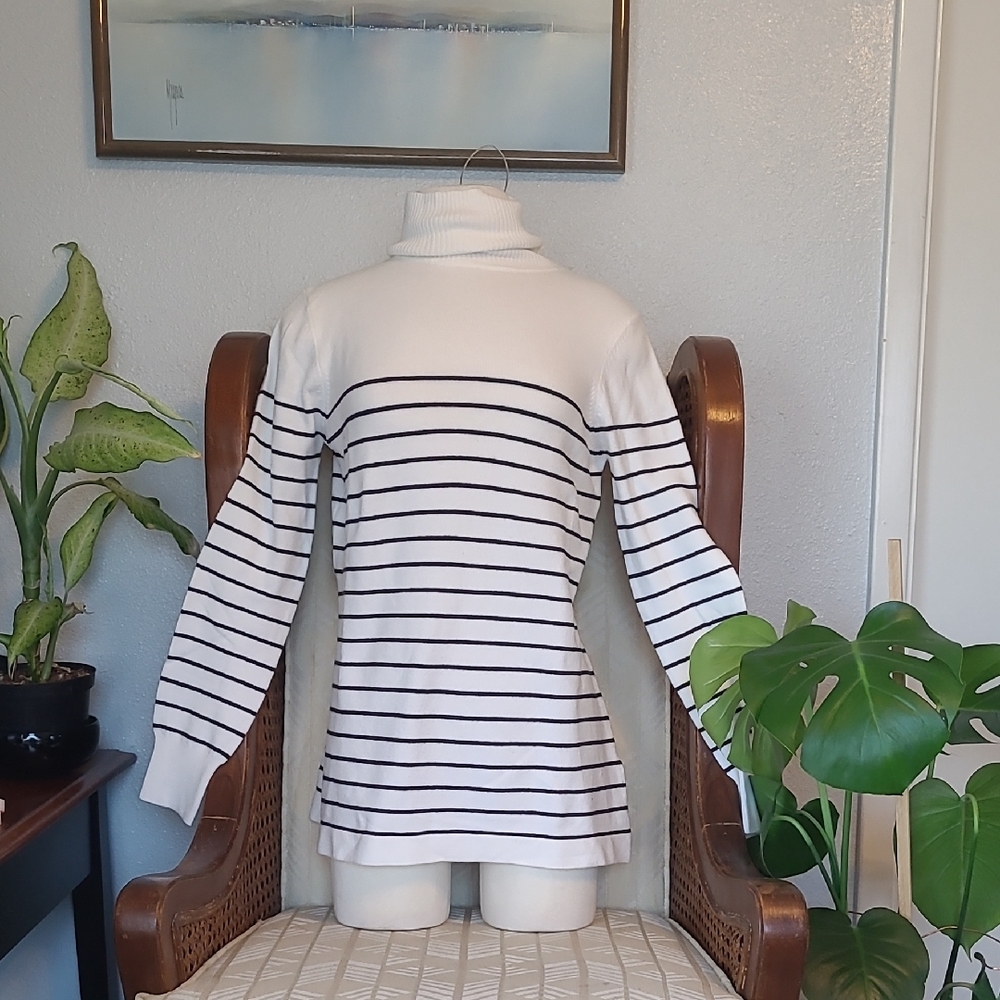 French Connection White and Black Striped Turtleneck Sweater